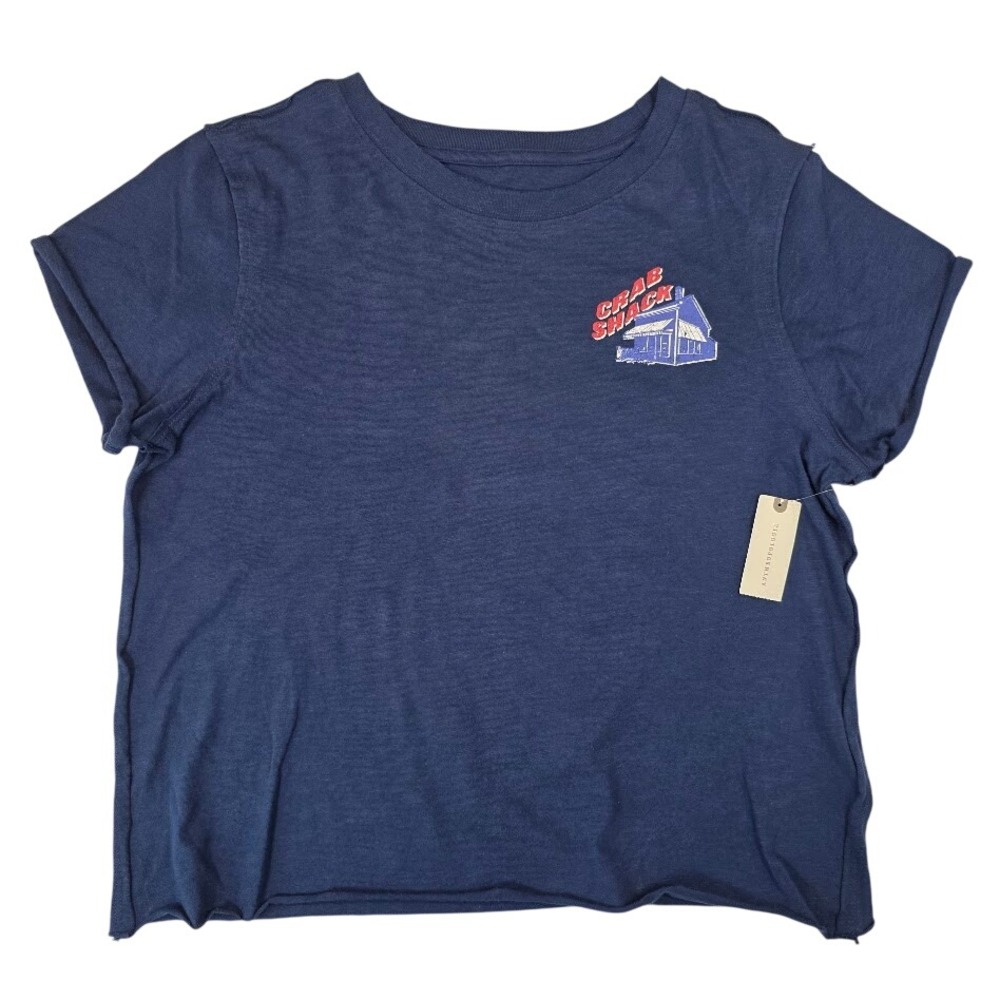 Maeve Anthropologie S T-Shirt Navy Blue Crab Shack Catch of the Day Raw Hem NEW